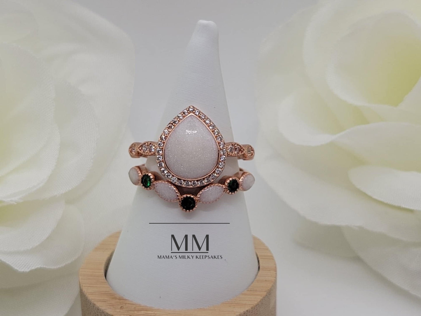Breastmilk Pear Ring Set Cremation Pear Ring Set Sterling Silver Pear Ring Set, Hair Pear Ring Set , Ash Pear Ring Set, Umbilical Cord Pear Ring Set, BreastmilkJewelry Pear Ring Set