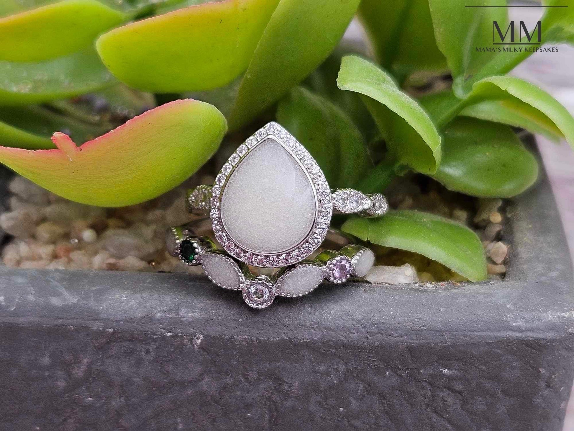 Breastmilk Pear Ring Set Cremation  Pear Ring Set Sterling Silver Pear Ring Set, Hair Pear Ring Set ,  Ash Pear Ring Set, Umbilical Cord Pear Ring Set, BreastmilkJewelry Pear Ring Set