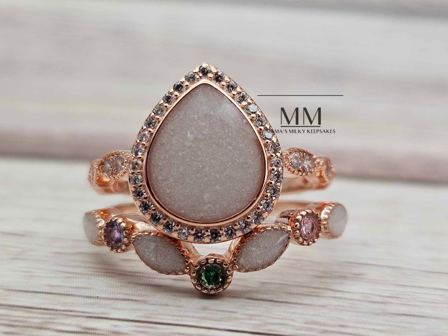 Breastmilk Pear Ring Set Cremation Pear Ring Set Sterling Silver Pear Ring Set, Hair Pear Ring Set , Ash Pear Ring Set, Umbilical Cord Pear Ring Set, BreastmilkJewelry Pear Ring Set