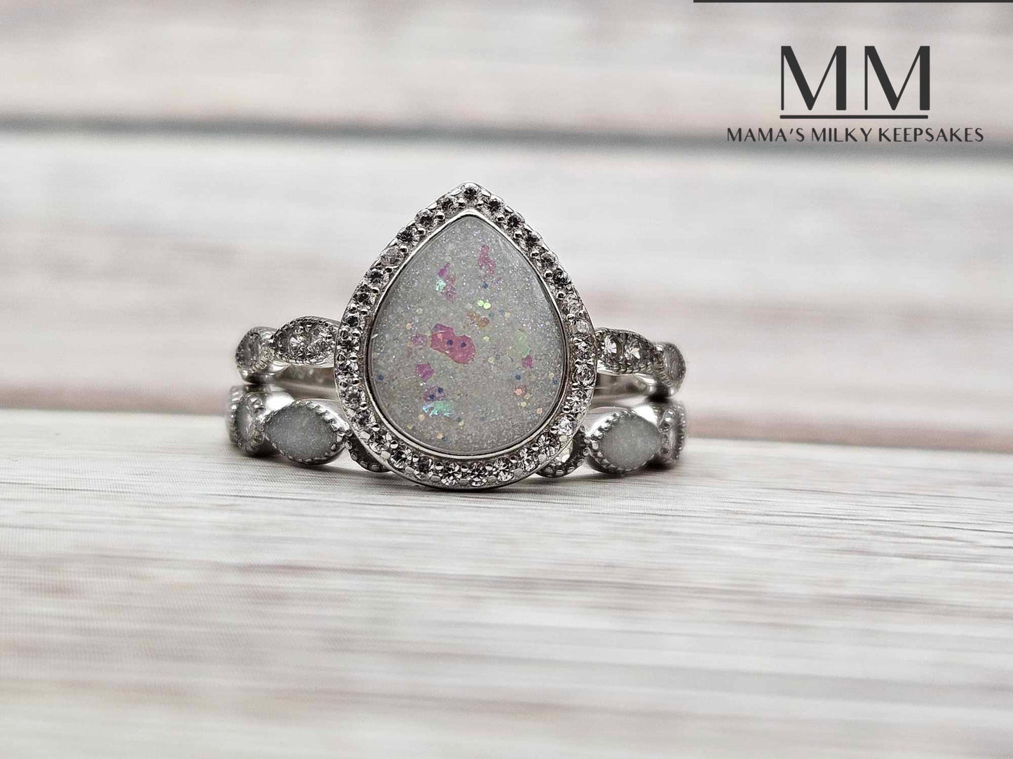 Breastmilk Pear Ring Set Cremation Pear Ring Set Sterling Silver Pear Ring Set, Hair Pear Ring Set , Ash Pear Ring Set, Umbilical Cord Pear Ring Set, BreastmilkJewelry Pear Ring Set