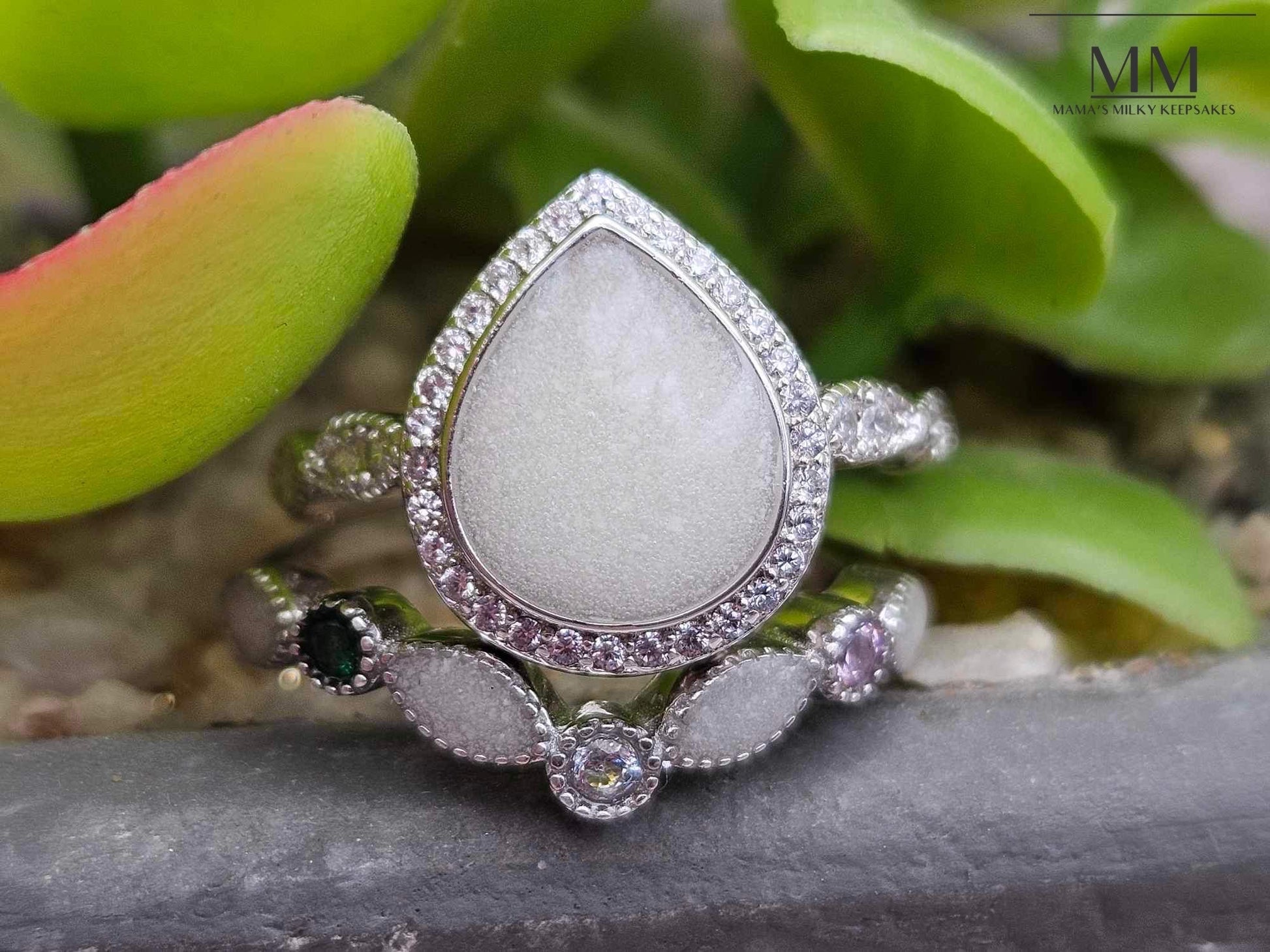 Breastmilk Pear Ring Set Cremation  Pear Ring Set Sterling Silver Pear Ring Set, Hair Pear Ring Set ,  Ash Pear Ring Set, Umbilical Cord Pear Ring Set, BreastmilkJewelry Pear Ring Set