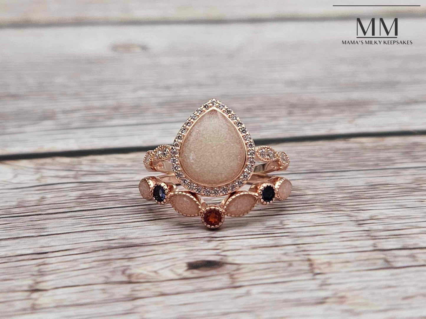 Breastmilk Pear Ring Set Cremation Pear Ring Set Sterling Silver Pear Ring Set, Hair Pear Ring Set , Ash Pear Ring Set, Umbilical Cord Pear Ring Set, BreastmilkJewelry Pear Ring Set