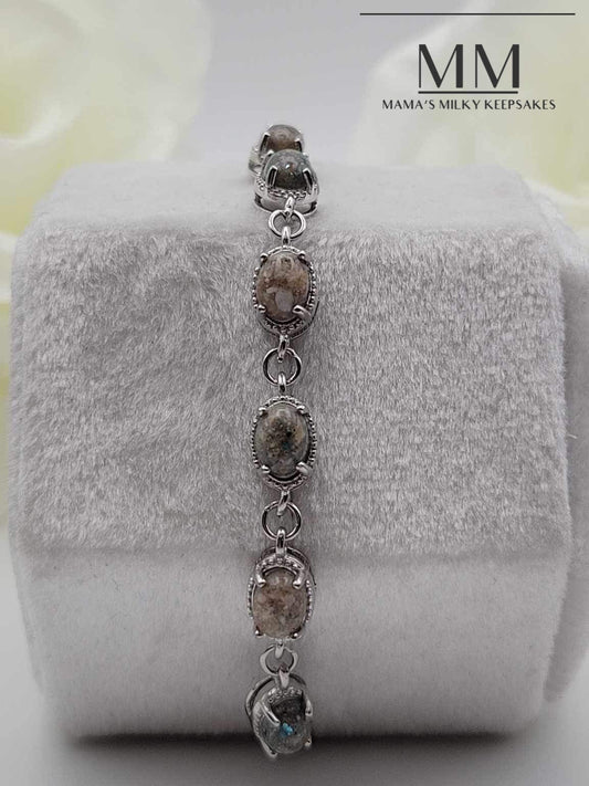 five stone bracelet made out of cremation ashes, cremated remain bracelet, sterling silver