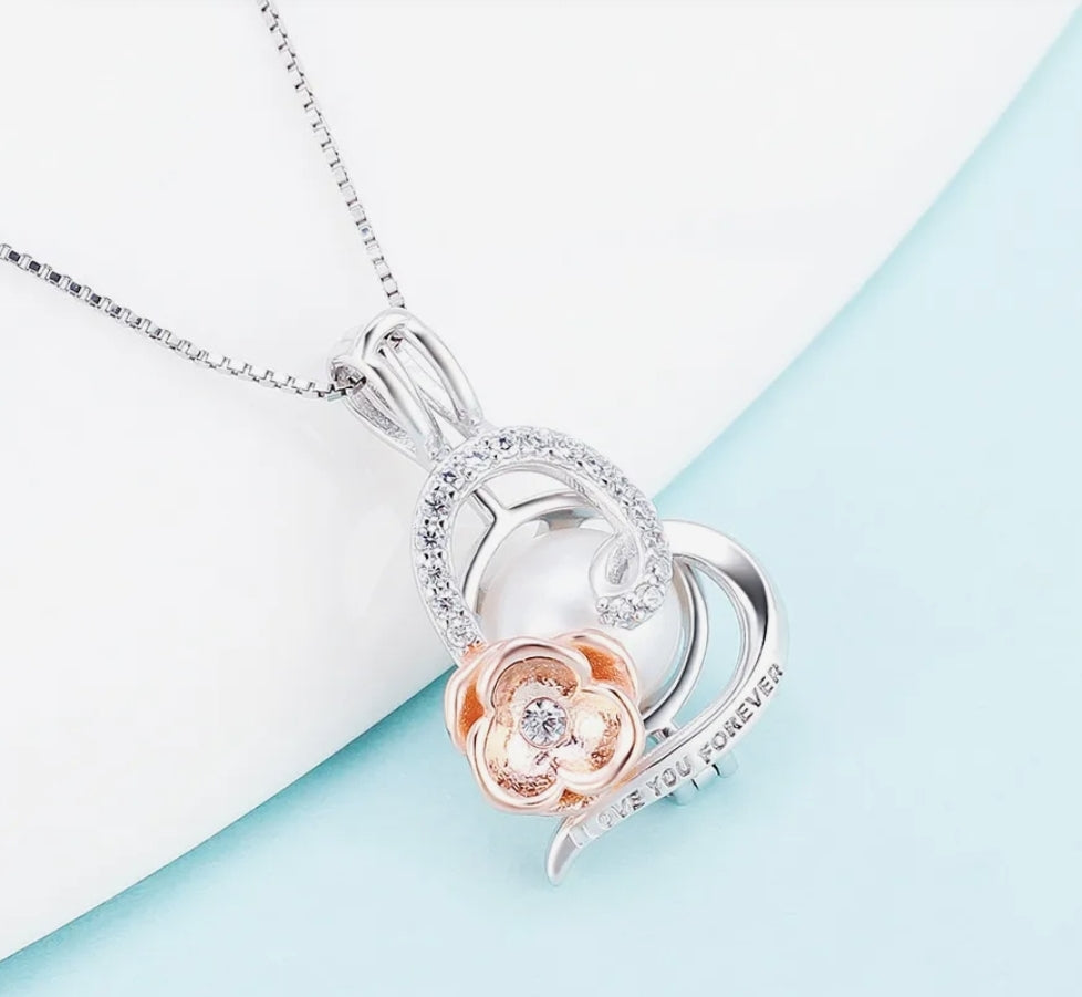 Rose and Heart Caged Pearl Necklace