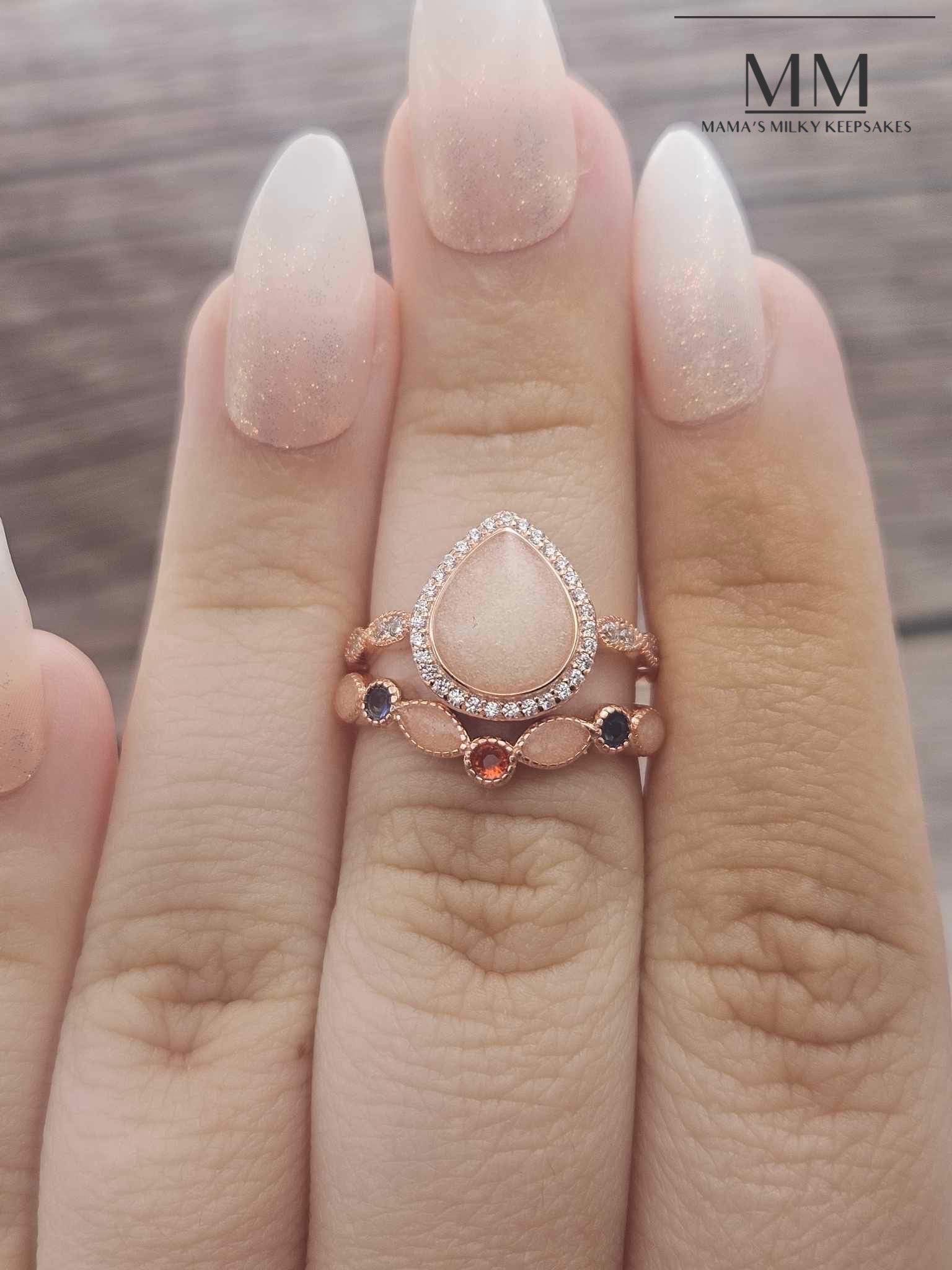 Breastmilk Pear Ring Set Cremation  Pear Ring Set Sterling Silver Pear Ring Set, Hair Pear Ring Set ,  Ash Pear Ring Set, Umbilical Cord Pear Ring Set, BreastmilkJewelry Pear Ring Set